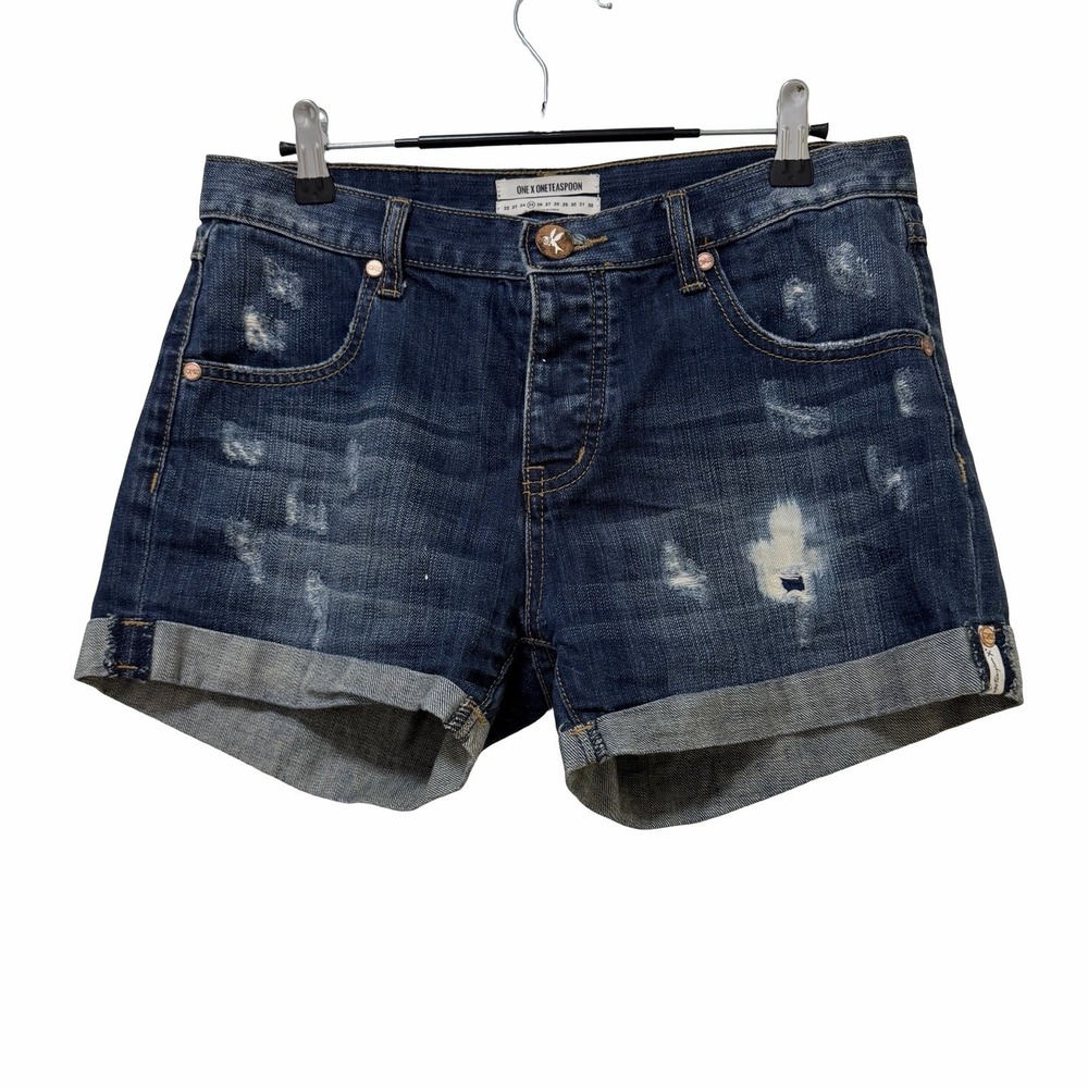 One Teaspoon Womens Distressed Cuffed Denim Shorts Size 25 Dark Wash Button‎ Fly